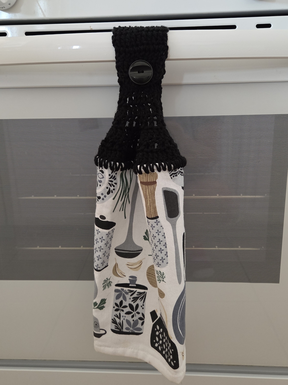 Black Crochet-Top Kitchen Towel with Printed Utensils